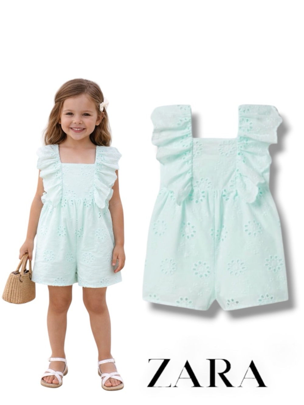 ZARA Kids Turquoise Embroidered Schiffli Romper NWT Sizes 12-18M, 4T, 5T, 6